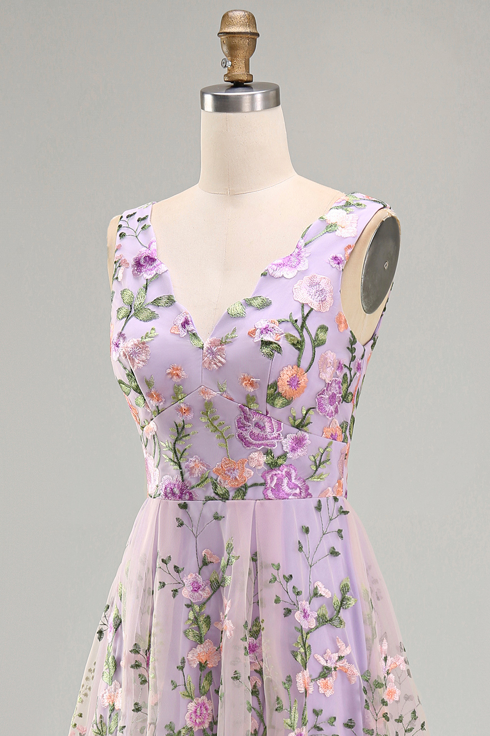 Lilac Floral A Line V Neck Midi Wedding Guest Dress