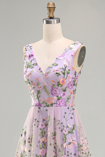 Lilac Floral A Line V Neck Midi Wedding Guest Dress
