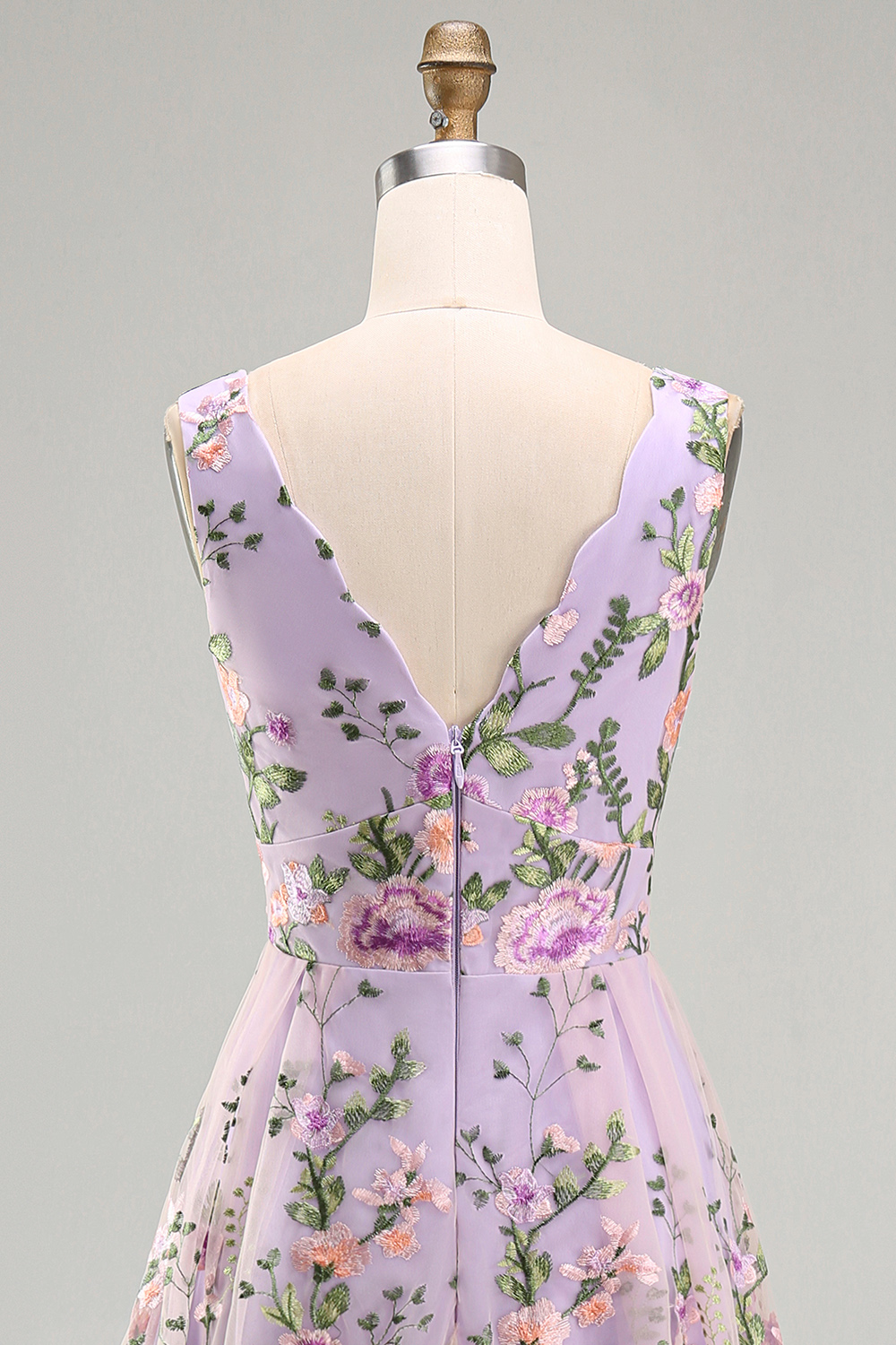 Lilac Floral A Line V Neck Midi Wedding Guest Dress