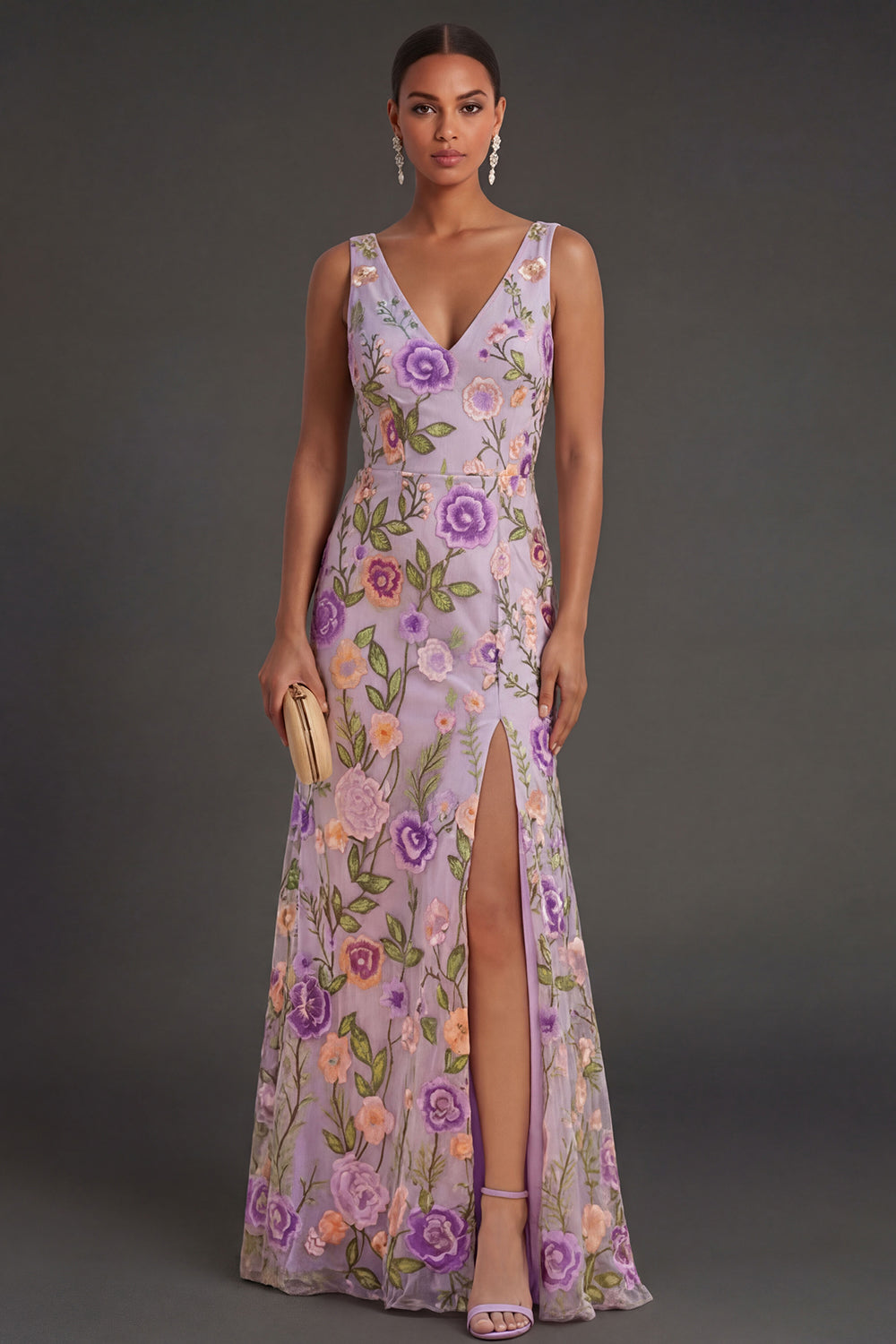 Lilac Floral A Line V Neck Long Wedding Guest Dress with Slit