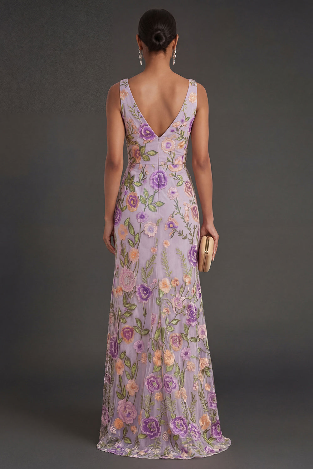 Lilac Floral A Line V Neck Long Wedding Guest Dress with Slit
