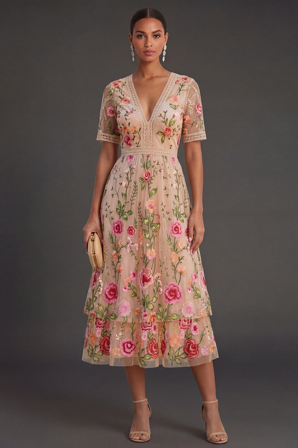Blush Floral A Line V Neck Midi Wedding Guest Dress