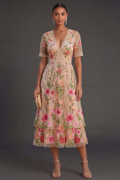 Leely Women Blush Floral A Line V Neck Midi Wedding Guest Dress Short Sleeves Tiered Garden Party Dress