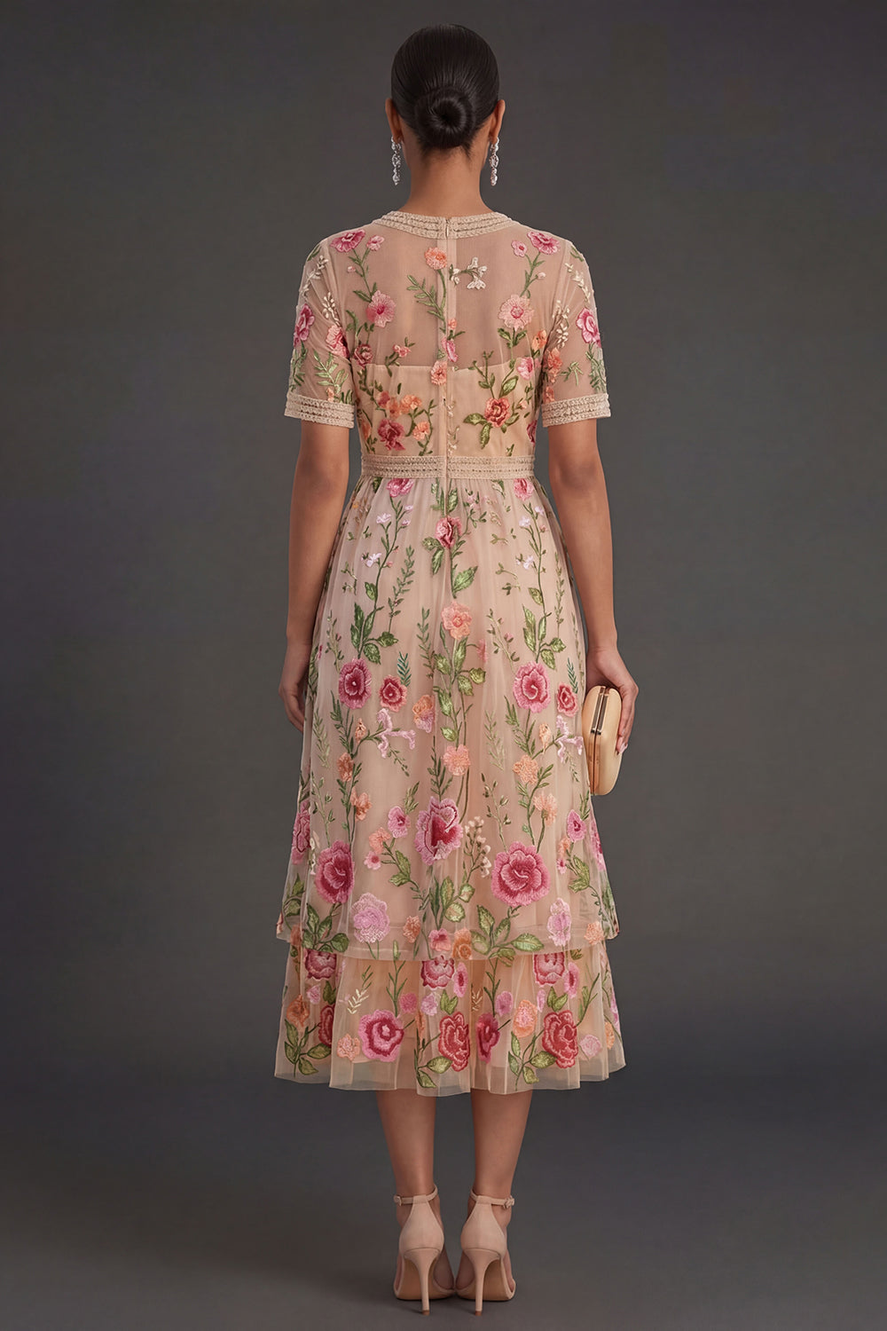 Blush Floral A Line V Neck Midi Wedding Guest Dress