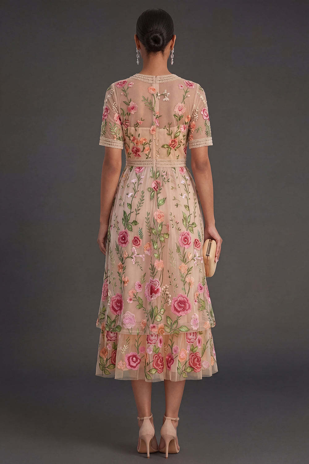 Blush Floral A Line V Neck Midi Wedding Guest Dress