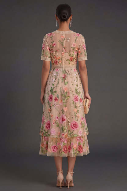 Blush Floral A Line V Neck Midi Wedding Guest Dress