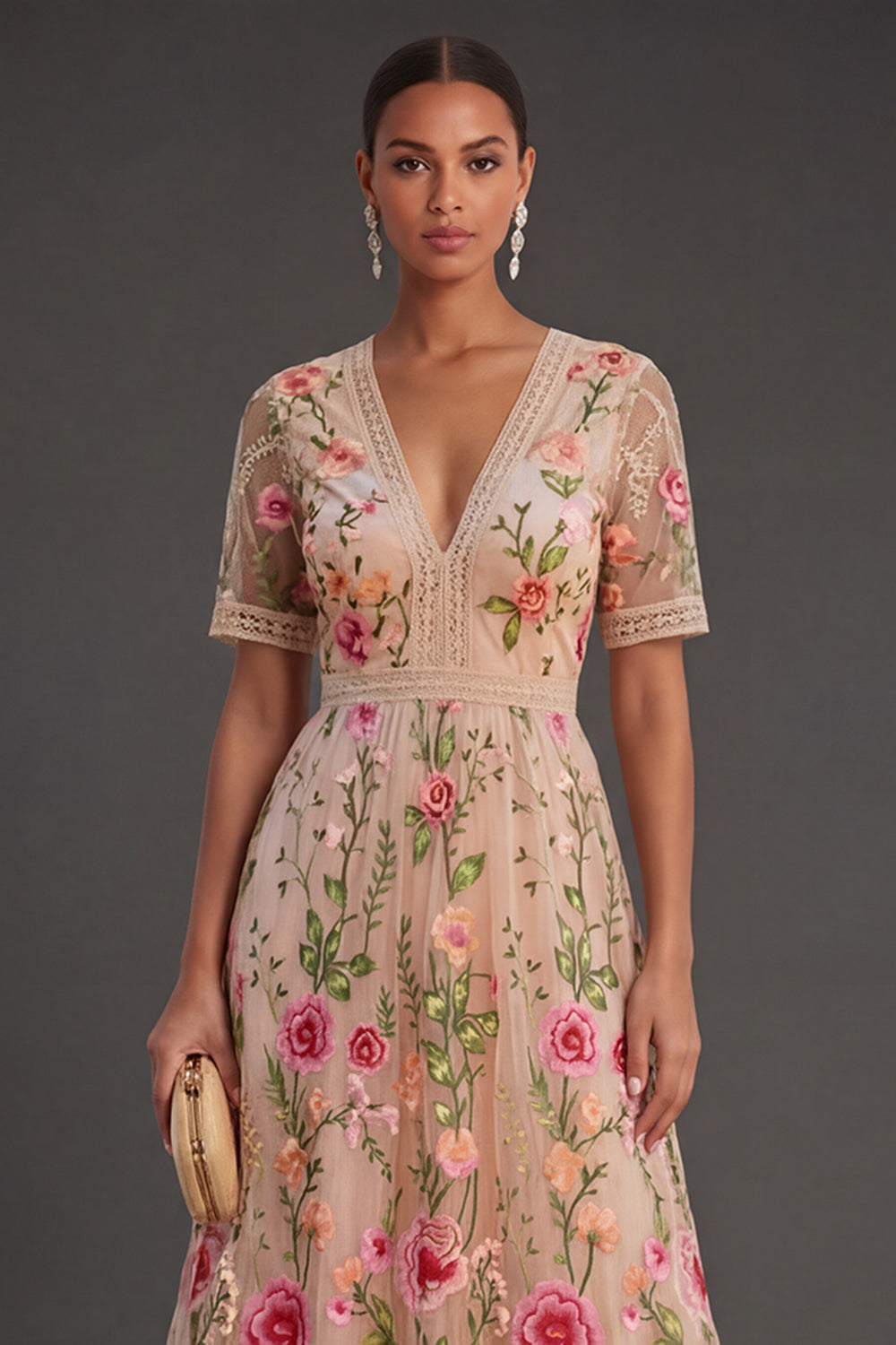 Blush Floral A Line V Neck Midi Wedding Guest Dress