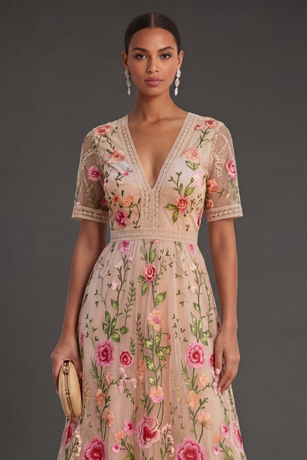 Blush Floral A Line V Neck Midi Wedding Guest Dress