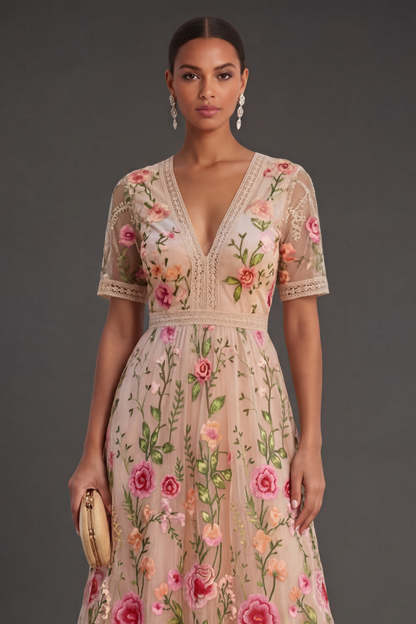 Blush Floral A Line V Neck Midi Wedding Guest Dress