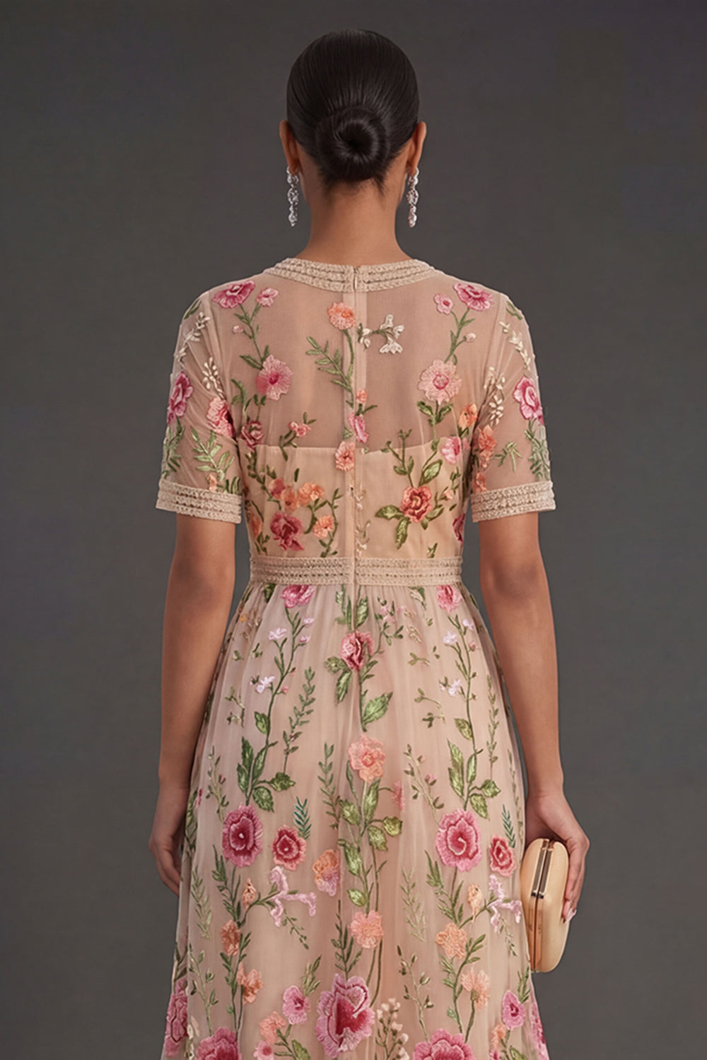 Blush Floral A Line V Neck Midi Wedding Guest Dress