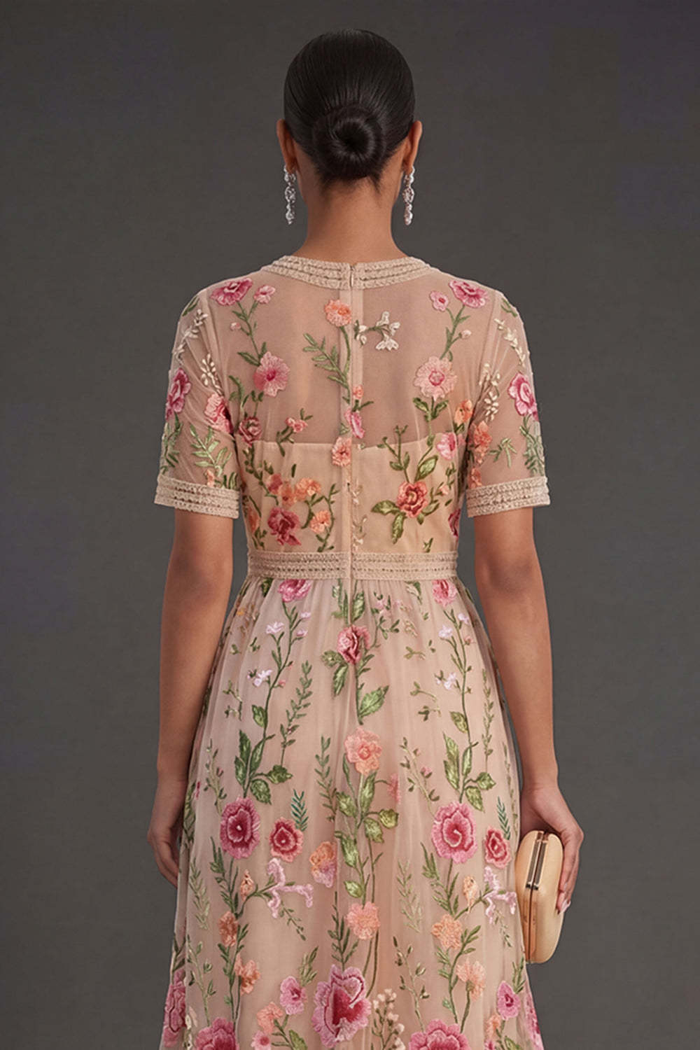 Blush Floral A Line V Neck Midi Wedding Guest Dress