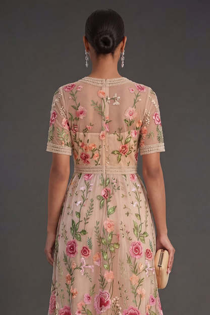 Blush Floral A Line V Neck Midi Wedding Guest Dress