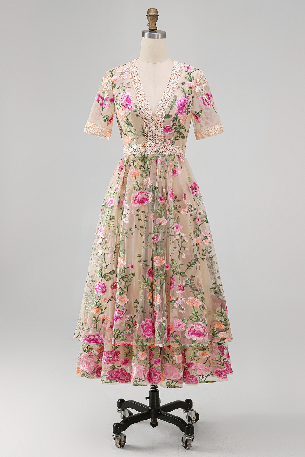 Blush Floral A Line V Neck Midi Wedding Guest Dress