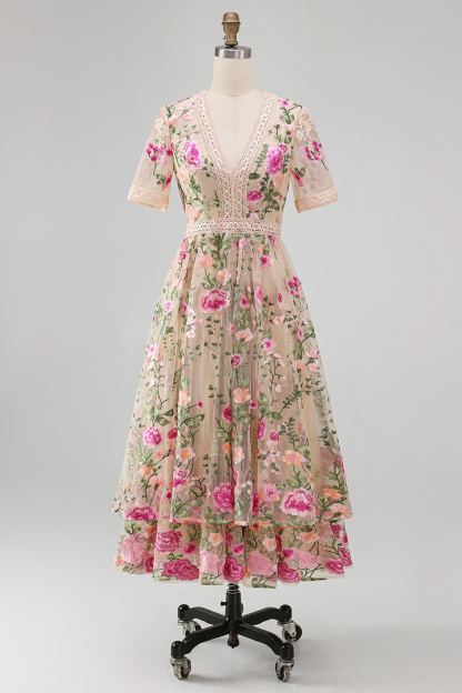 Blush Floral A Line V Neck Midi Wedding Guest Dress