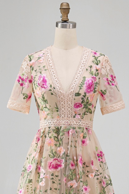 Blush Floral A Line V Neck Midi Wedding Guest Dress