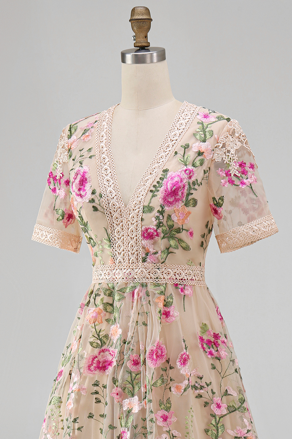 Blush Floral A Line V Neck Midi Wedding Guest Dress