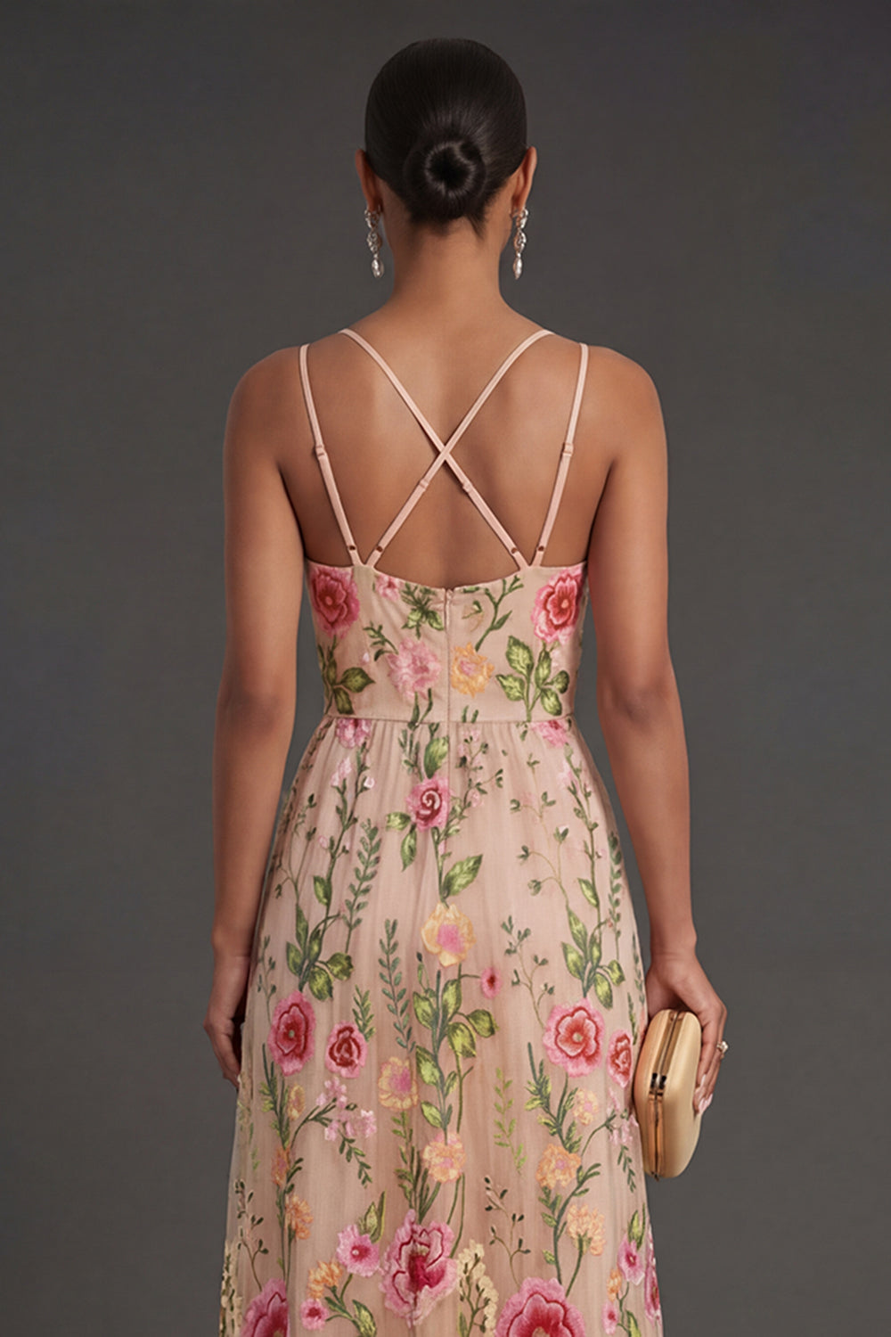 A Line Floral Spaghetti Straps Long Wedding Guest Dress