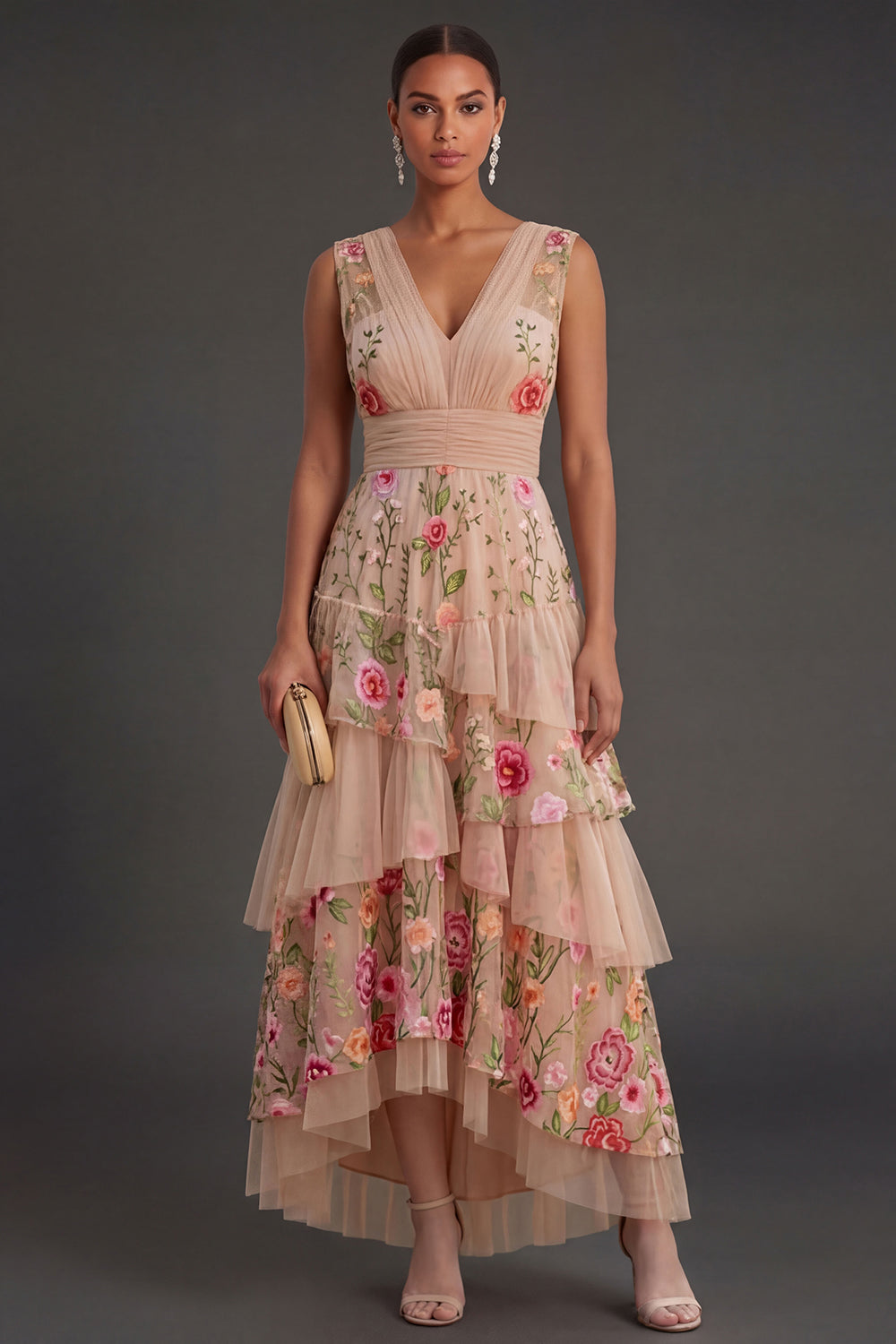 A Line Blush Tiered Floral High Low Wedding Guest Dress