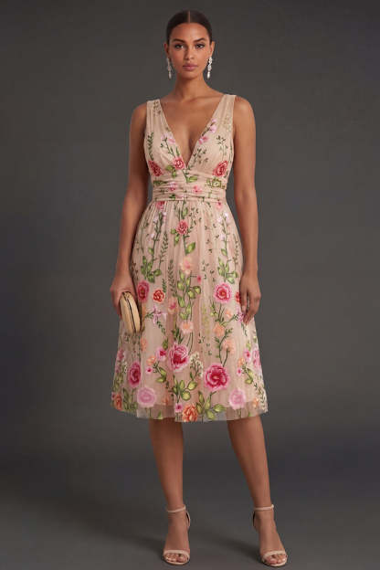 Leely Women Blush Lilac Floral Backless Midi Wedding Guest Dress V Neck Sleeveless Backless Garden Party Dress