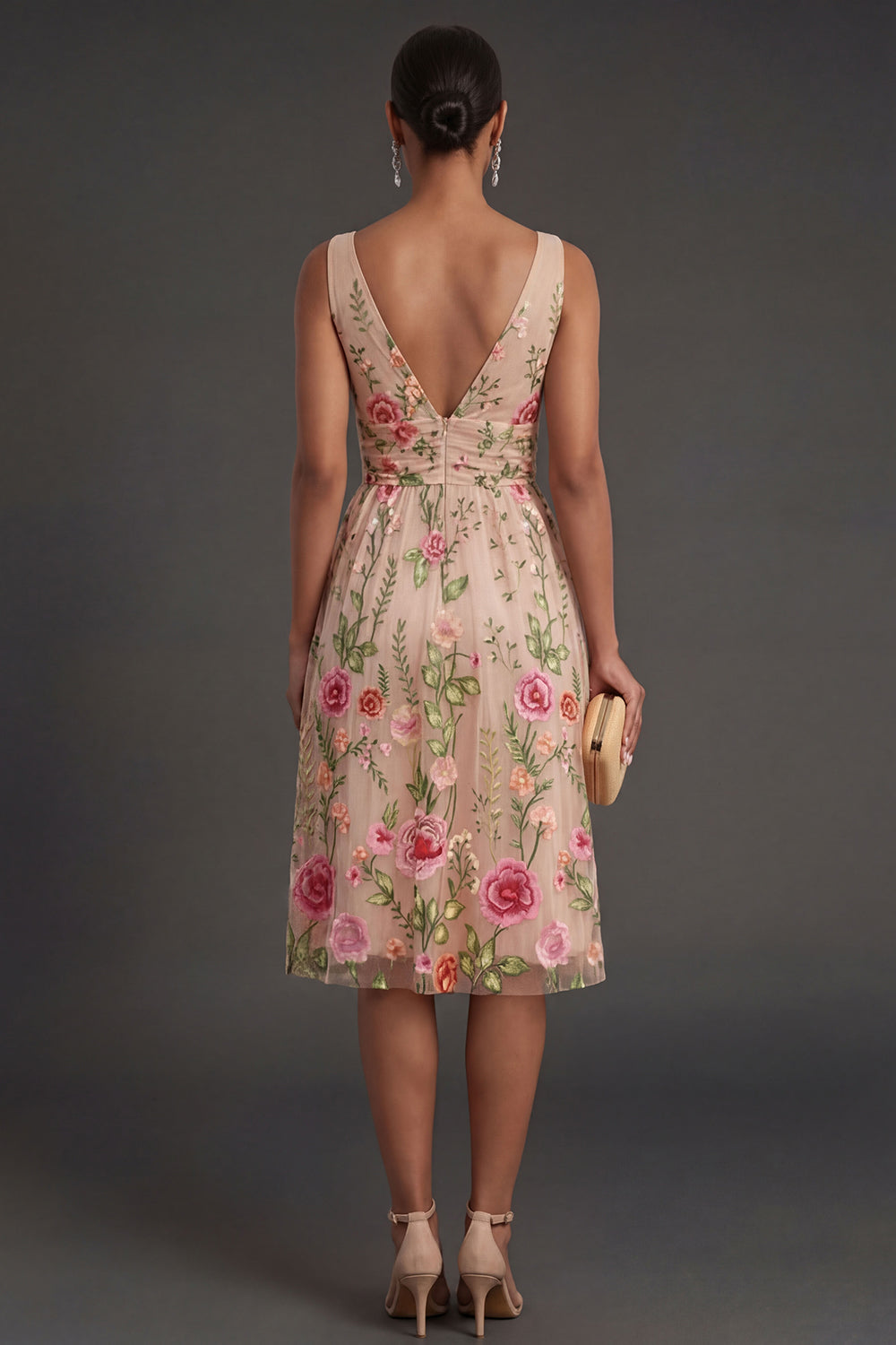 Blush Lilac Floral Backless Midi Wedding Guest Dress