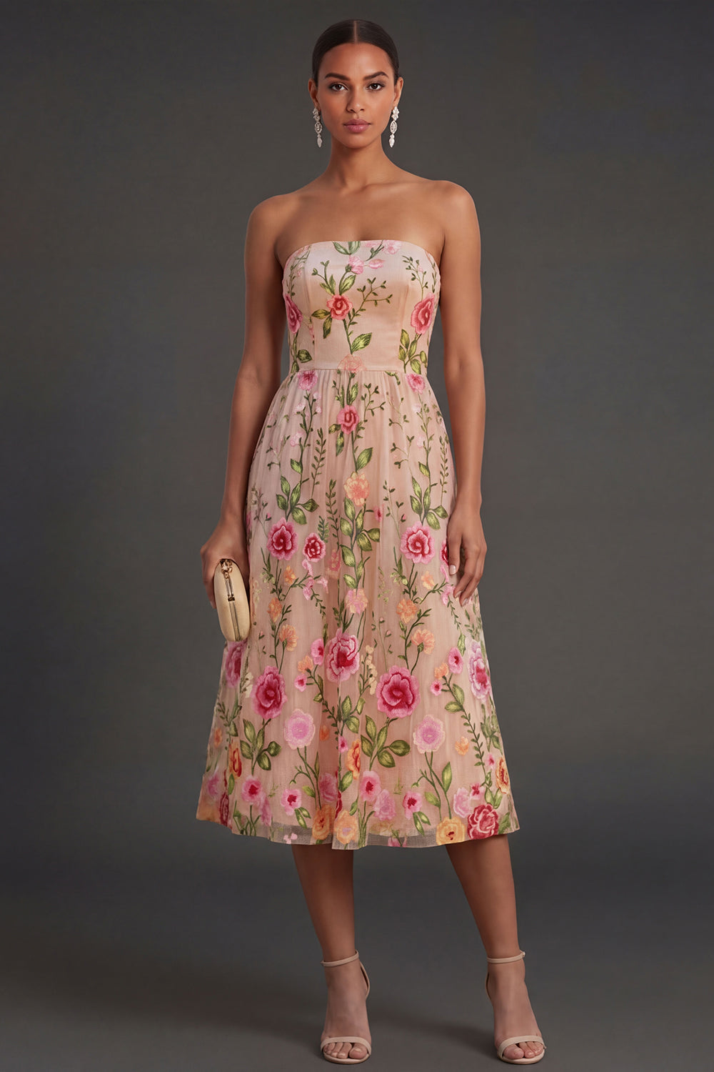 Leely Women Blush Lilac Floral Strapless Midi Wedding Guest Dress Backless A Line Garden Party Dress