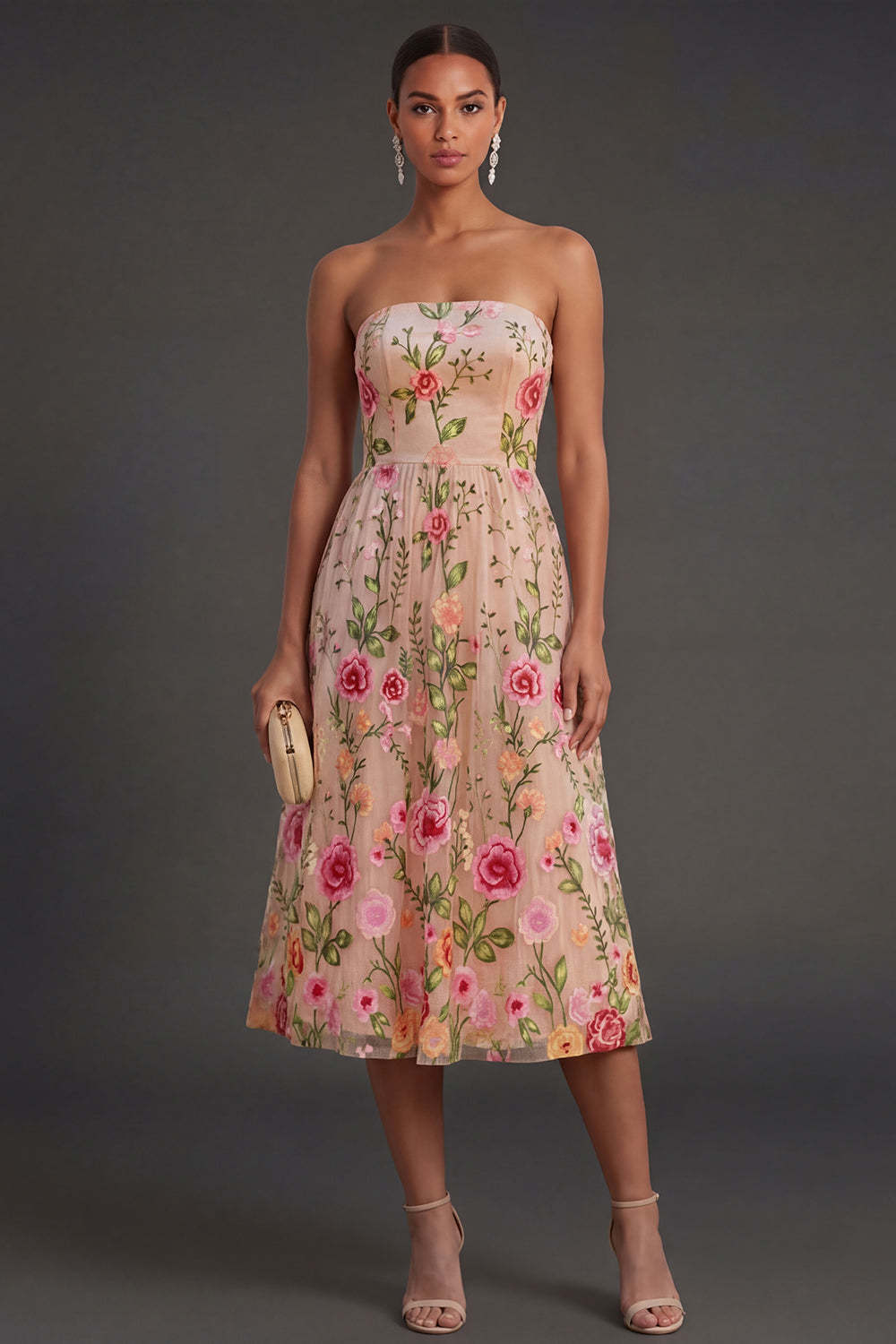 Leely Women Blush Lilac Floral Strapless Midi Wedding Guest Dress Backless A Line Garden Party Dress