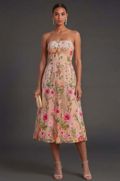 Leely Women Blush Lilac Floral Strapless Midi Wedding Guest Dress Backless A Line Garden Party Dress