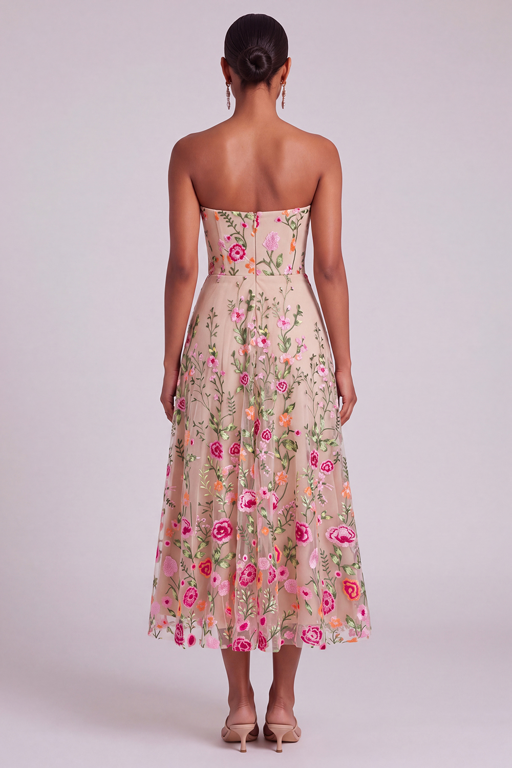 Blush Lilac Floral Strapless Midi Wedding Guest Dress