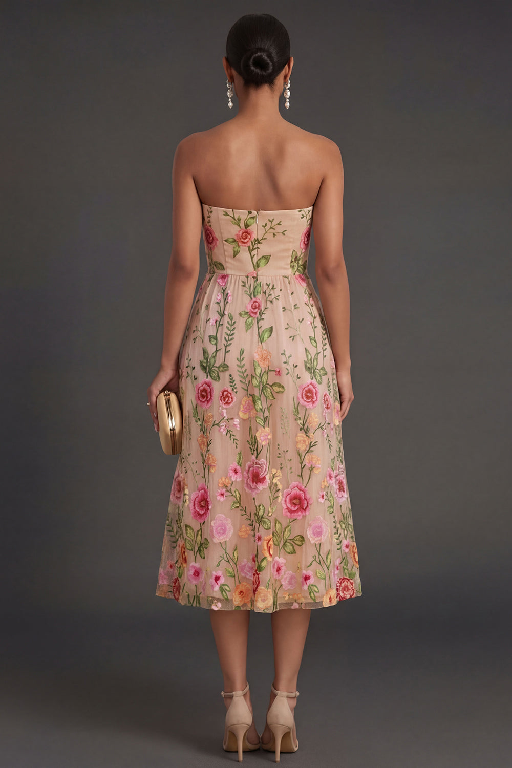 Blush Lilac Floral Strapless Midi Wedding Guest Dress