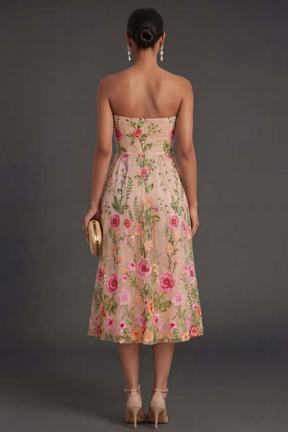 Blush Lilac Floral Strapless Midi Wedding Guest Dress