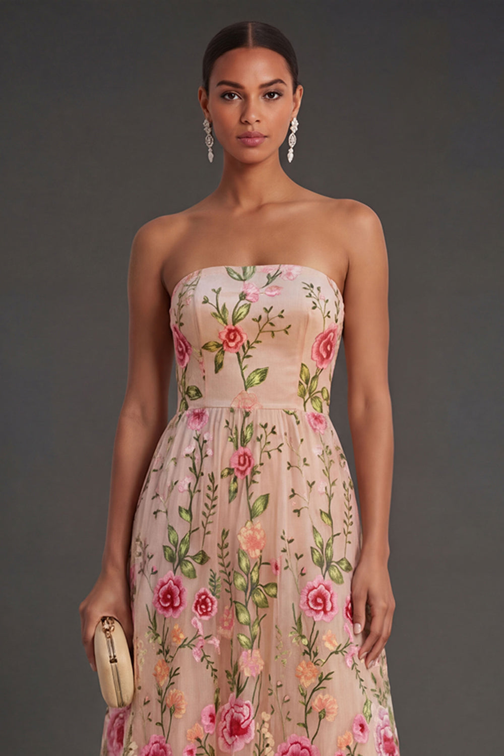 Blush Lilac Floral Strapless Midi Wedding Guest Dress