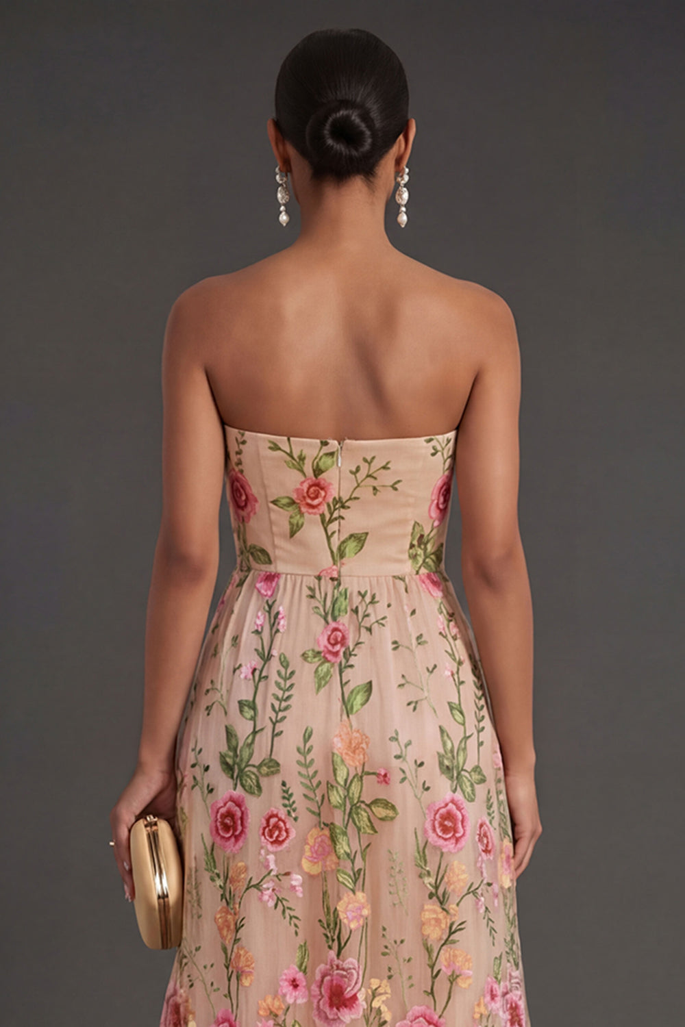 Blush Lilac Floral Strapless Midi Wedding Guest Dress