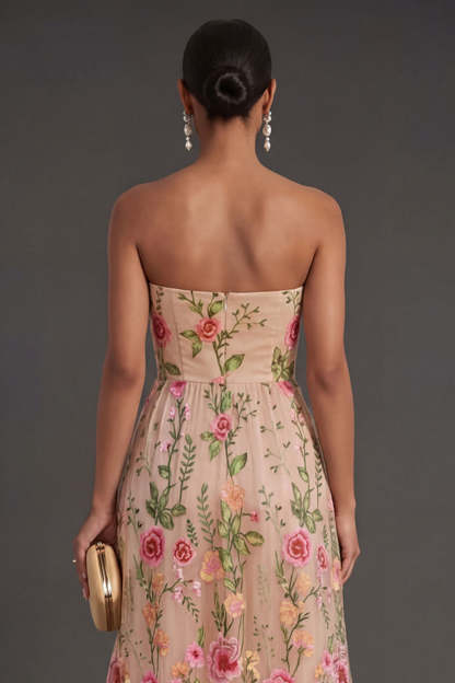 Blush Lilac Floral Strapless Midi Wedding Guest Dress