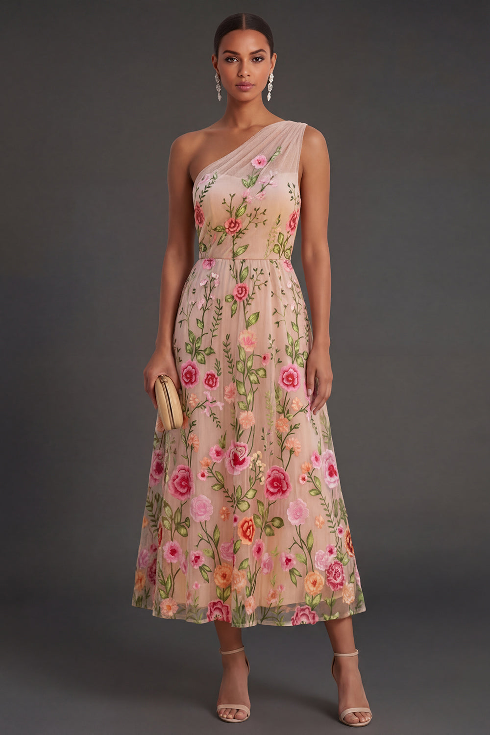 A Line One Shoulder Floral Blush Long Wedding Guest Dress