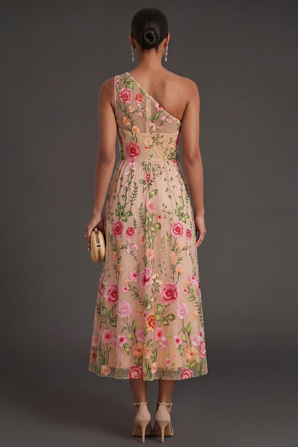 A Line One Shoulder Floral Blush Long Wedding Guest Dress