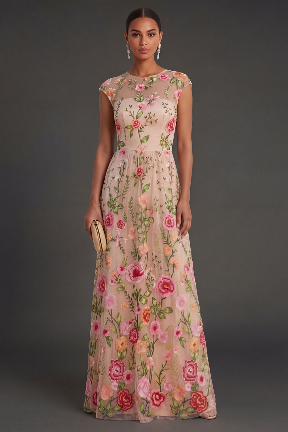 Leely Women A Line Illusion Neck Blush Long Wedding Guest Dress Sleeveless Floral Garden Party Dress