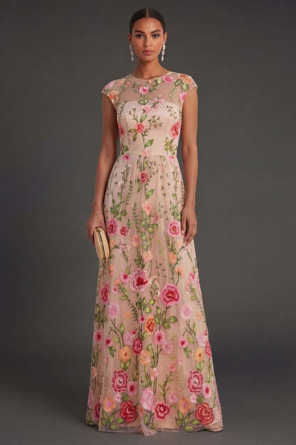 Leely Women A Line Illusion Neck Blush Long Wedding Guest Dress Sleeveless Floral Garden Party Dress