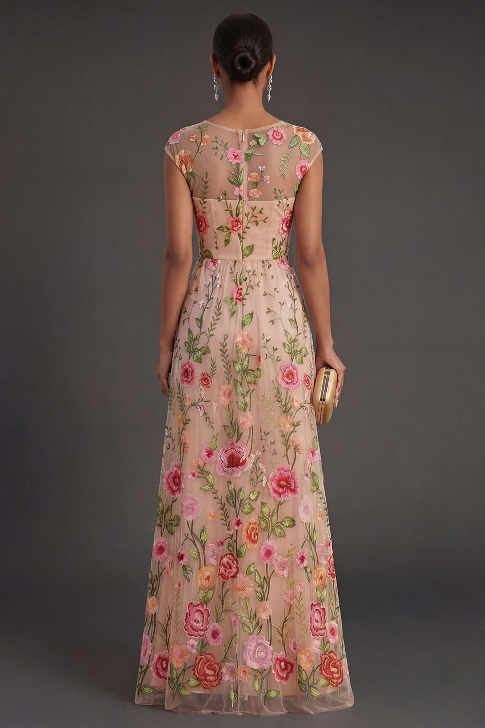 A Line Illusion Neck Blush Long Wedding Guest Dress