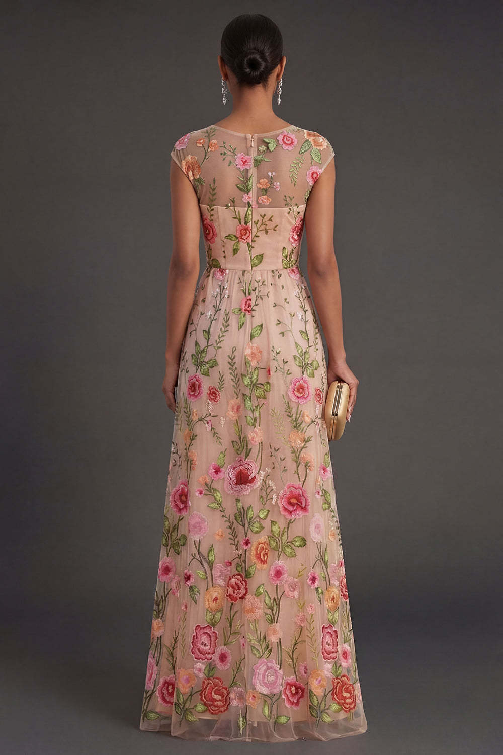 A Line Illusion Neck Blush Long Wedding Guest Dress
