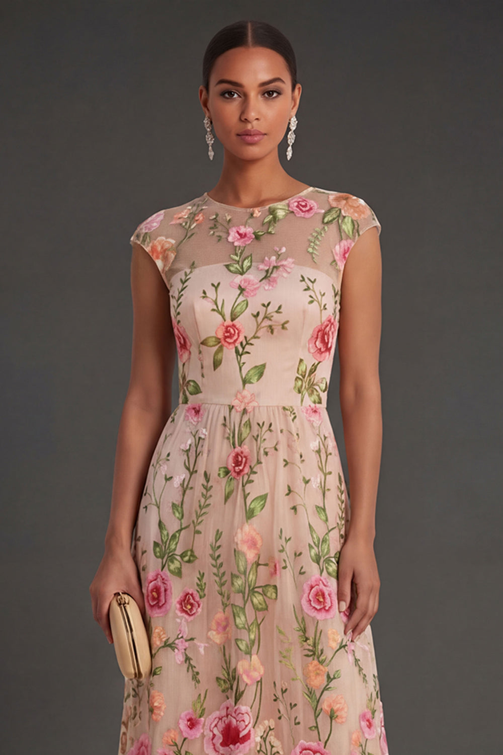 A Line Illusion Neck Blush Long Wedding Guest Dress