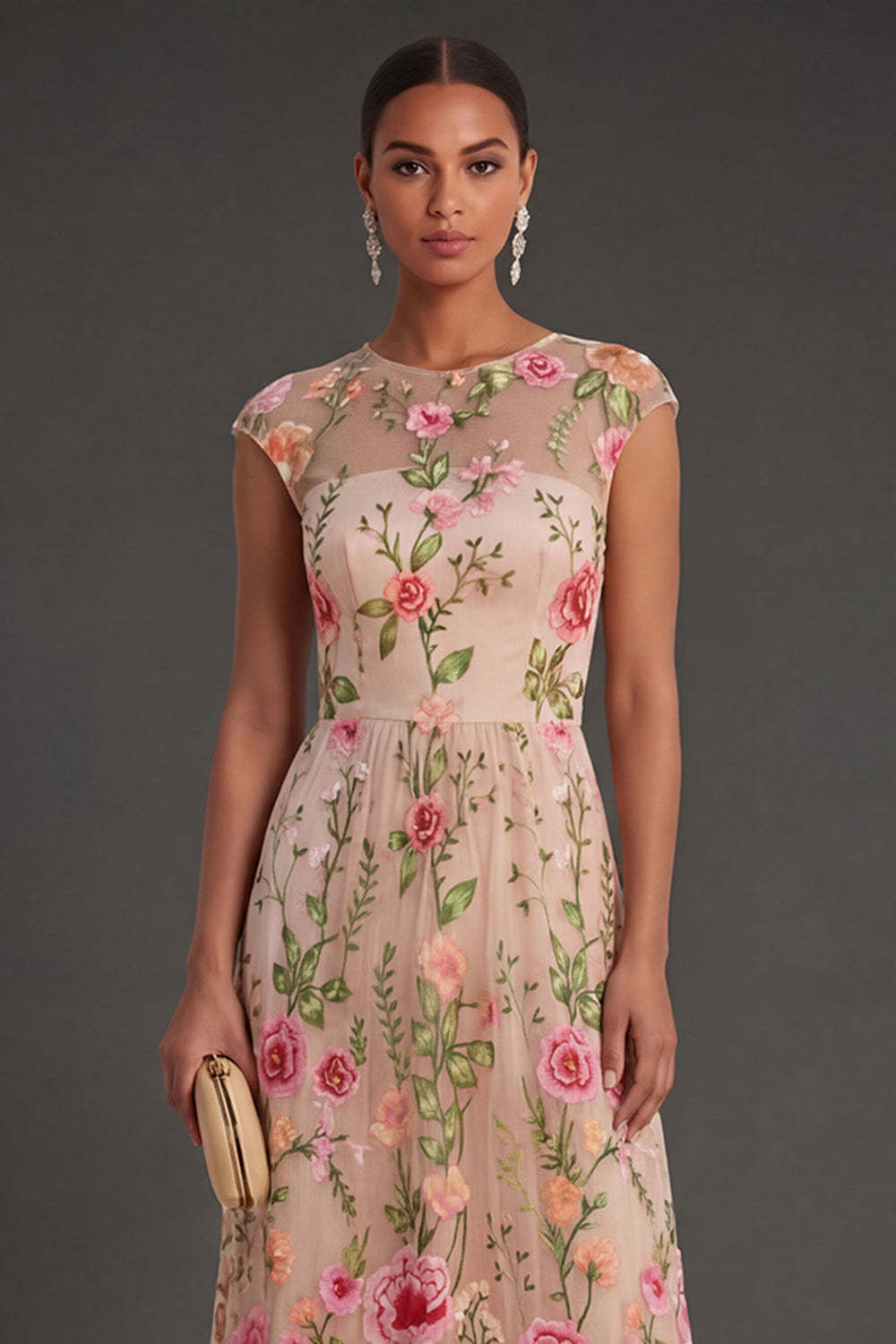 A Line Illusion Neck Blush Long Wedding Guest Dress