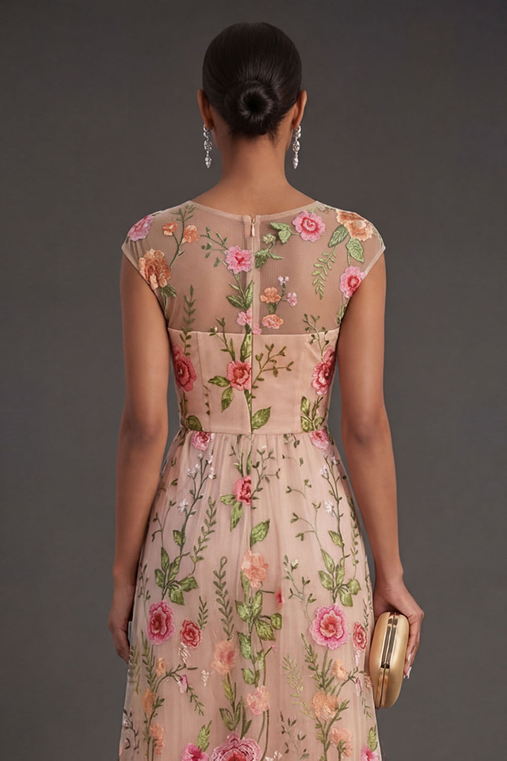 A Line Illusion Neck Blush Long Wedding Guest Dress