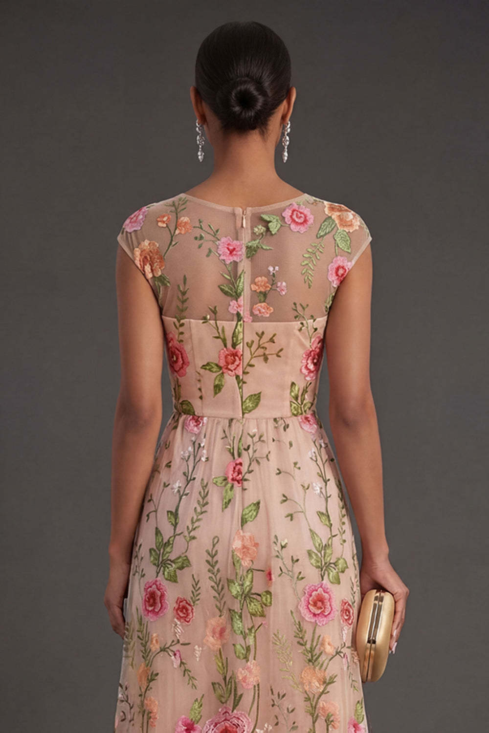 A Line Illusion Neck Blush Long Wedding Guest Dress