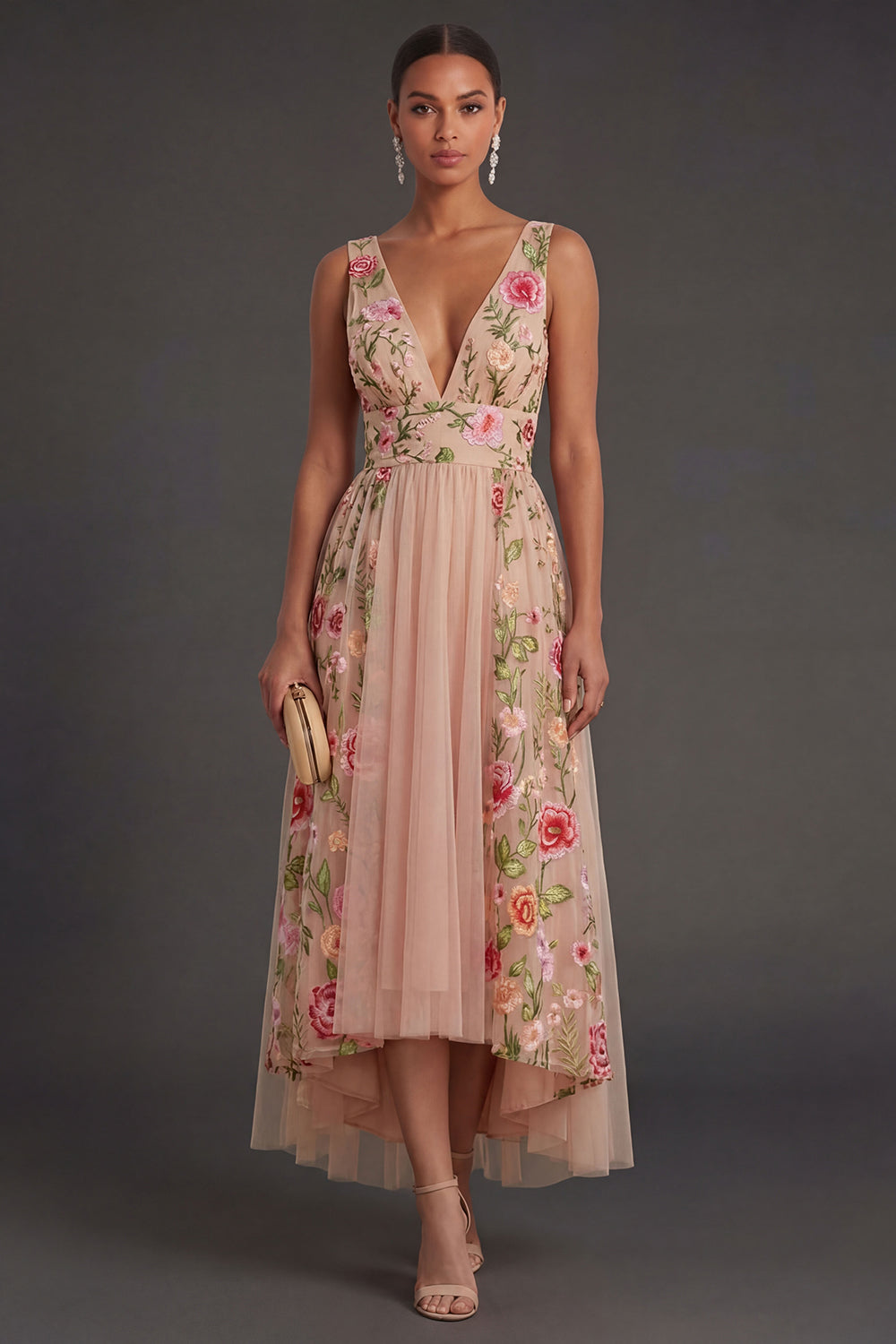 Floral Blush V Neck High Low Wedding Guest Dress