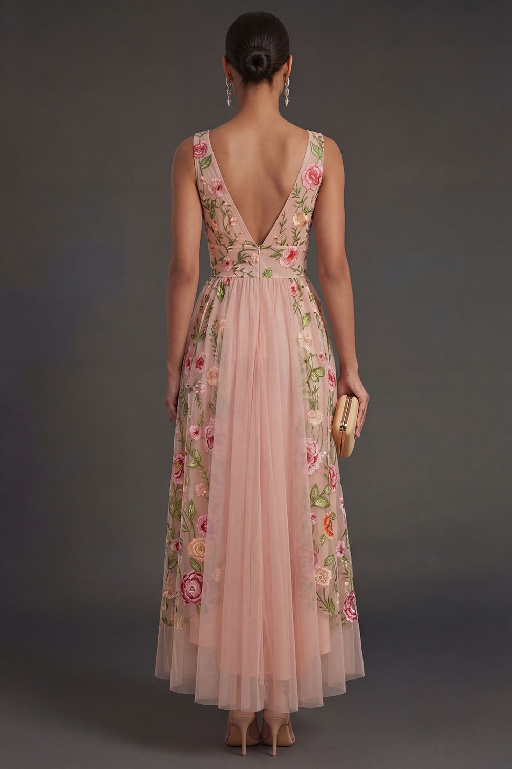 Floral Blush V Neck High Low Wedding Guest Dress