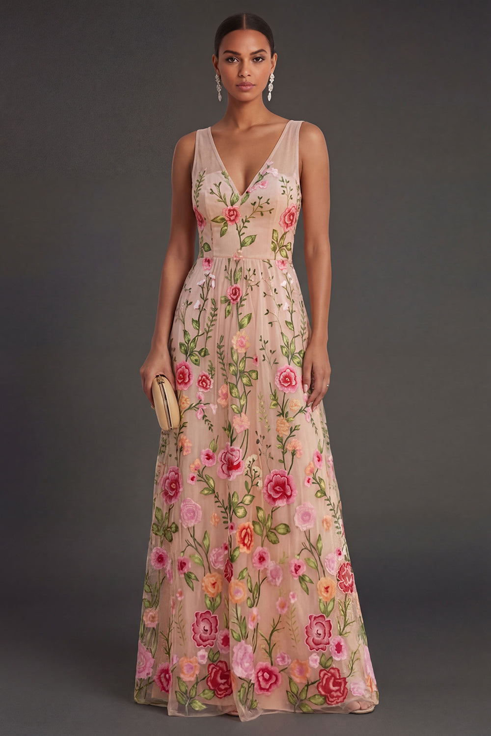 Leely Women V Neck Floral Blush Long Wedding Guest Dress Backless Sleeveless Garden Party Dress