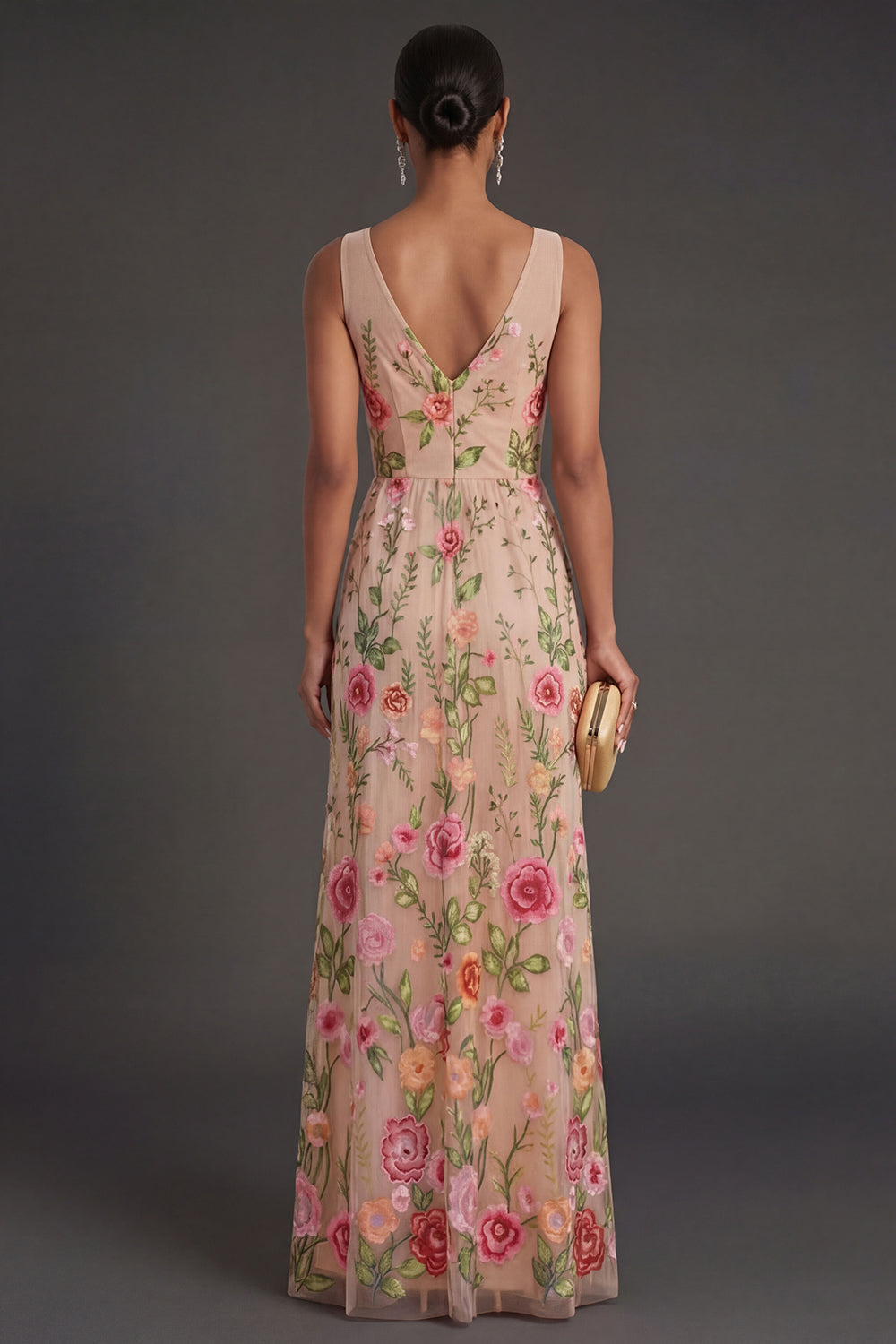 V Neck Floral Blush Long Wedding Guest Dress