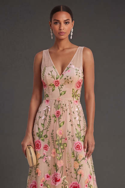 V Neck Floral Blush Long Wedding Guest Dress