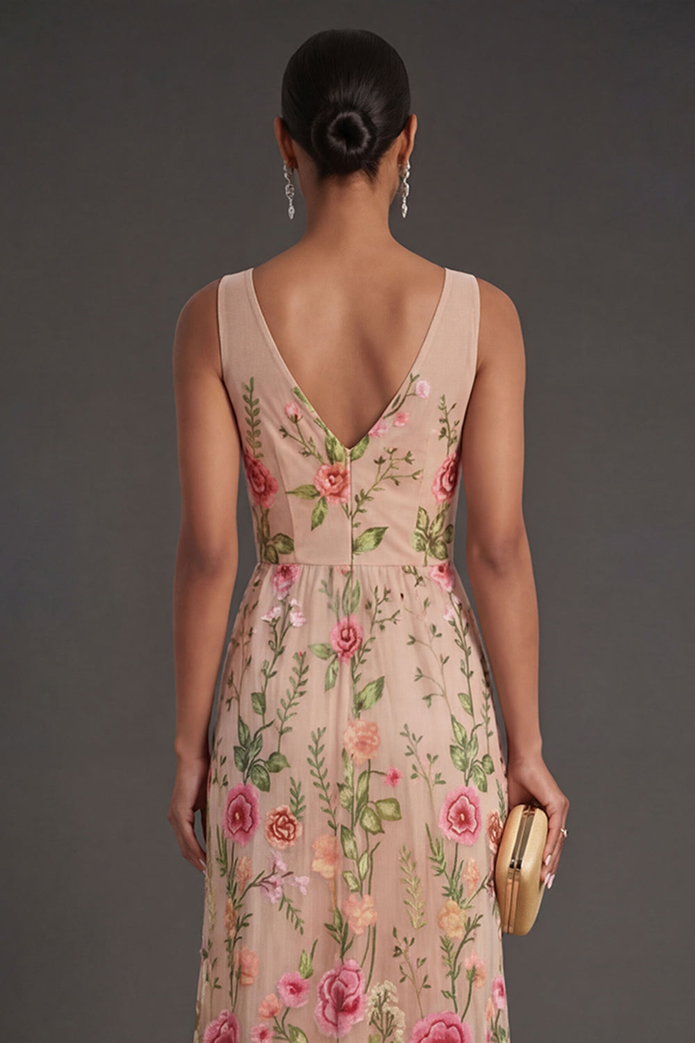 V Neck Floral Blush Long Wedding Guest Dress