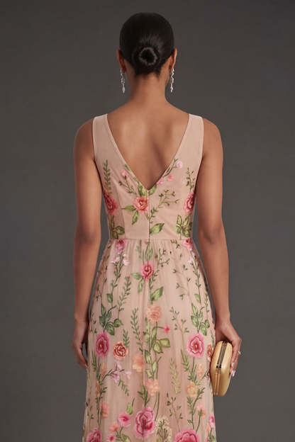 V Neck Floral Blush Long Wedding Guest Dress